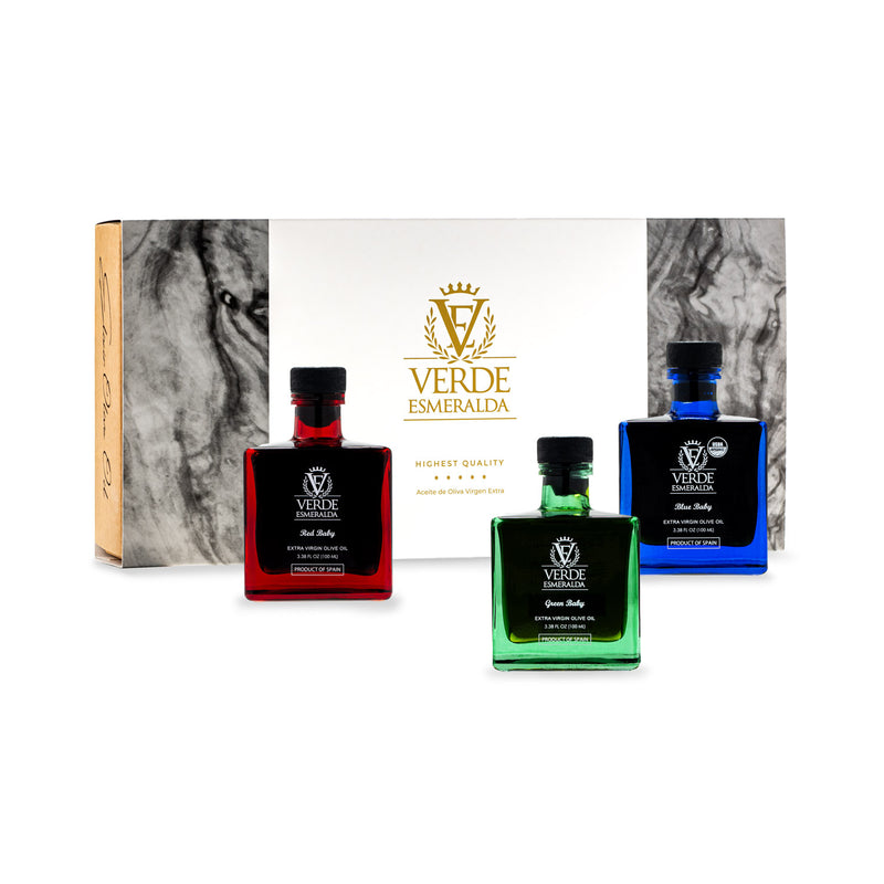 Verde Esmeralda Baby Gift Set - 3 Extra Virgin Olive Oils Picual, Royal & Organic - 3x100ml