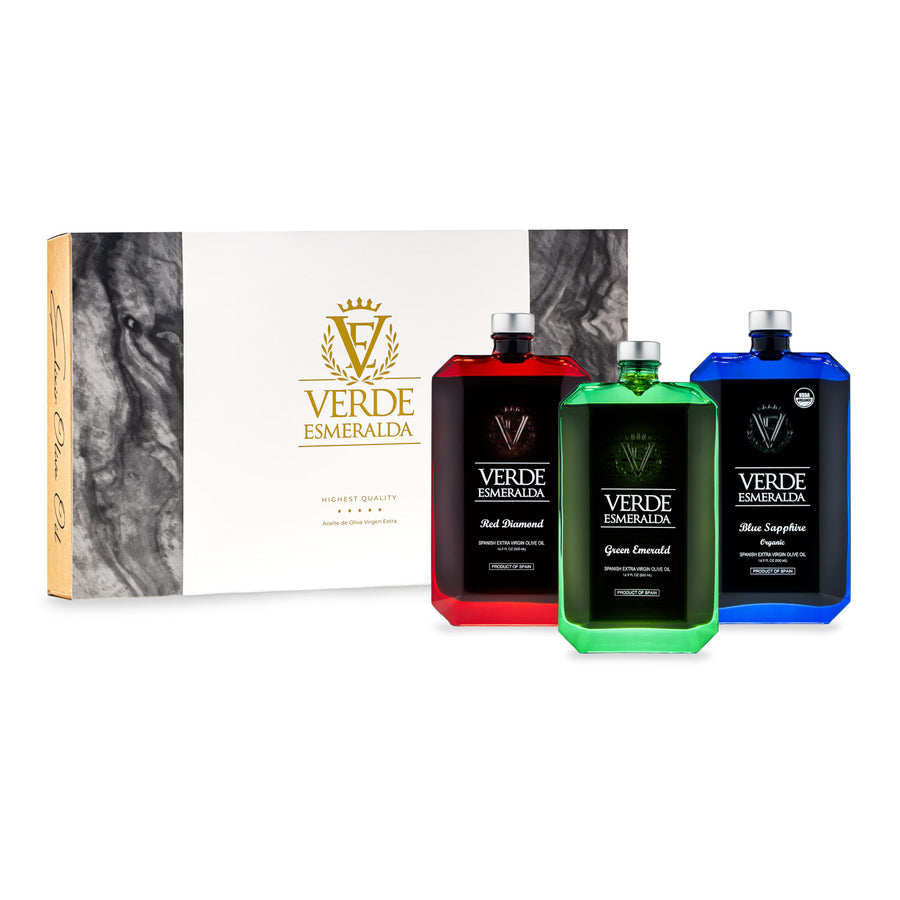 Verde Esmeralda Premium Gift Set - 3 Extra Virgin Olive Oils Picual, Royal & Organic - 500ml